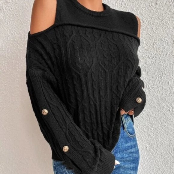 BLACK Button Detail Cold Shoulder Knit Sweater Top - Picture 2 of 6